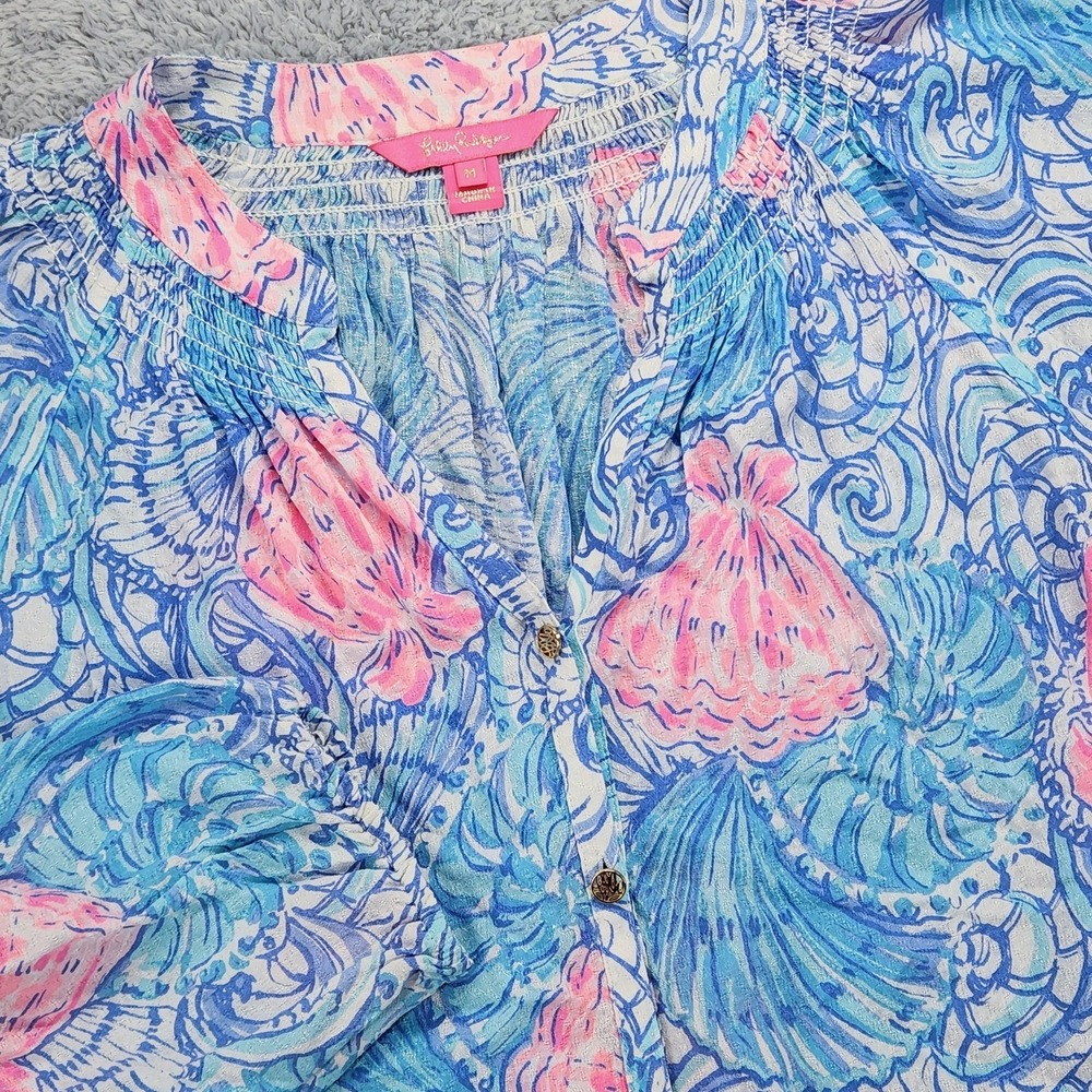 Lilly Pulitzer Blouse Womens Medium Blue V Neck Long Sleeve Seashell Print Top